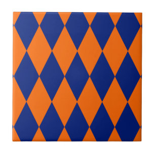 Orange and Blue Harlequin Checkered Design  Ceramic Tile