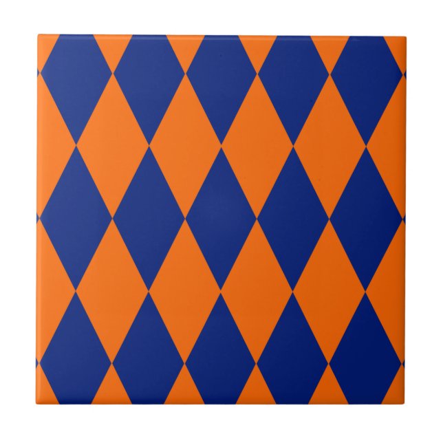 Orange and Blue Harlequin Checkered Design  Ceramic Tile (Front)