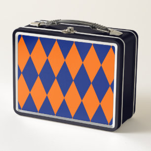 Orange and Blue Harlequin Checkered Design Metal Lunch Box