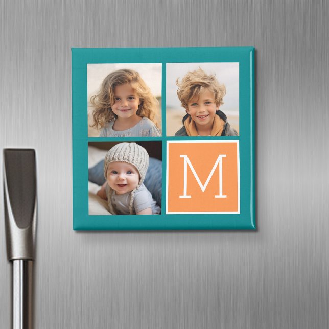 Orange and Blue Instagram Photo Collage Monogram Magnet (Personalized fridge magnet with photos and custom text)
