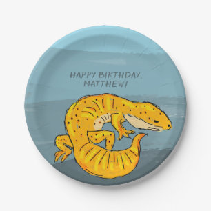 Orange and Blue Personalised Gecko Birthday Party Paper Plate