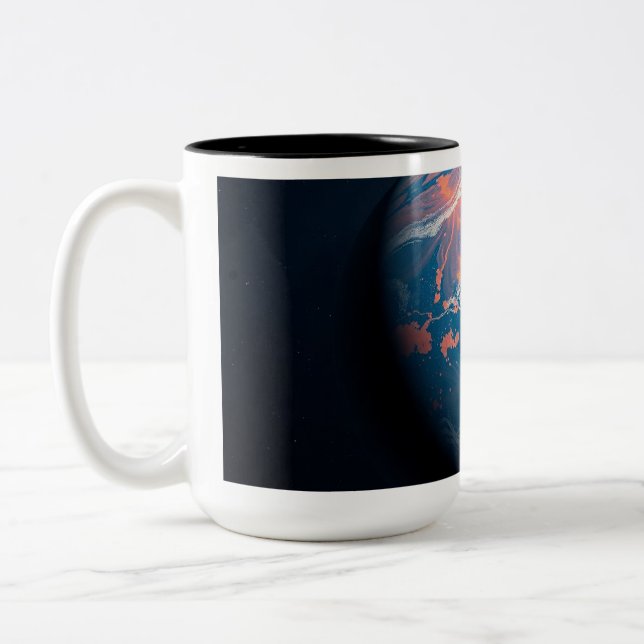 Orange and Blue Planet Two-Tone Coffee Mug (Left)