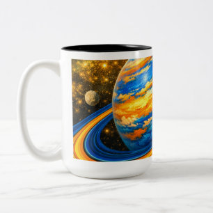 Orange and Blue Planet with Rings Two-Tone Coffee Mug