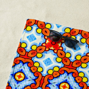 Orange and blue retro tile pattern beach towel