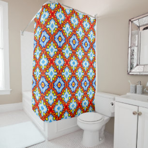 Orange and blue retro tile pattern shower curtain