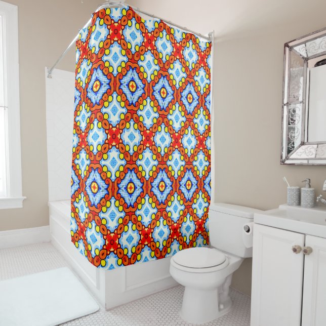 Orange and blue retro tile pattern shower curtain (In Situ)