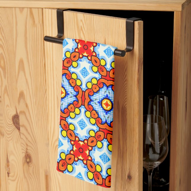 Orange and blue retro tile pattern tea towel (Thirds Fold)
