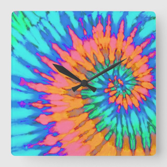 Orange and Blue Spiral Tie Dye Clock (Front)