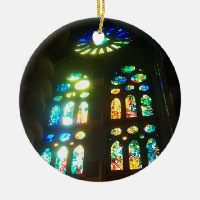 Orange and Blue Stained Glass Ceramic Ornament (Front)