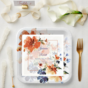 Orange and blue watercolor fall floral paper plate