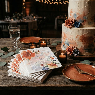 Orange and blue watercolor fall floral wedding  napkin