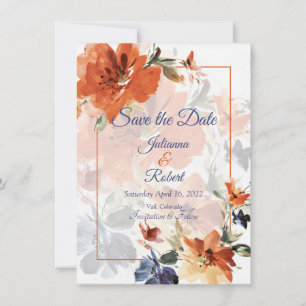 Orange and blue watercolor fall floral wedding save the date