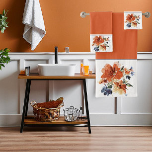 Orange and blue watercolor floral  bath towel set