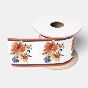 Orange and blue watercolor floral satin ribbon