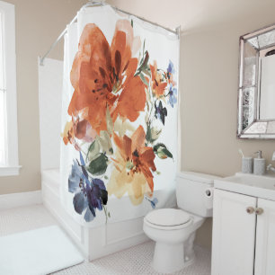Orange and blue watercolor floral  shower curtain