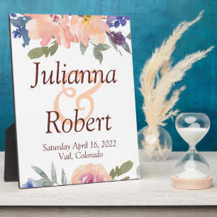 Orange and blue watercolor floral wedding plaque