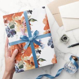 Orange and blue watercolor floral wrapping paper