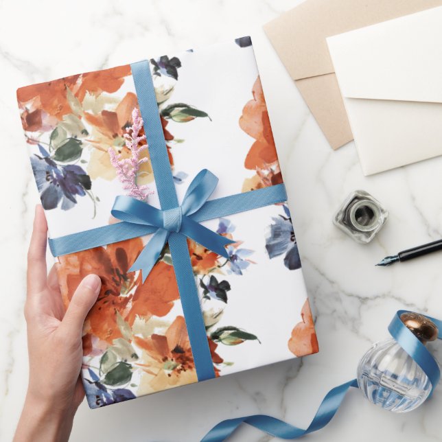 Orange and blue watercolor floral  wrapping paper (Gifting)