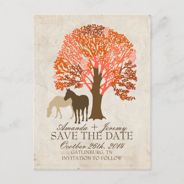 Orange and Brown Autumn Horses Save The Date Announcement Postcard (Front)