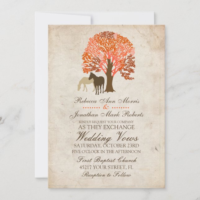 Orange and Brown Autumn Horses Wedding Invitation (Front)