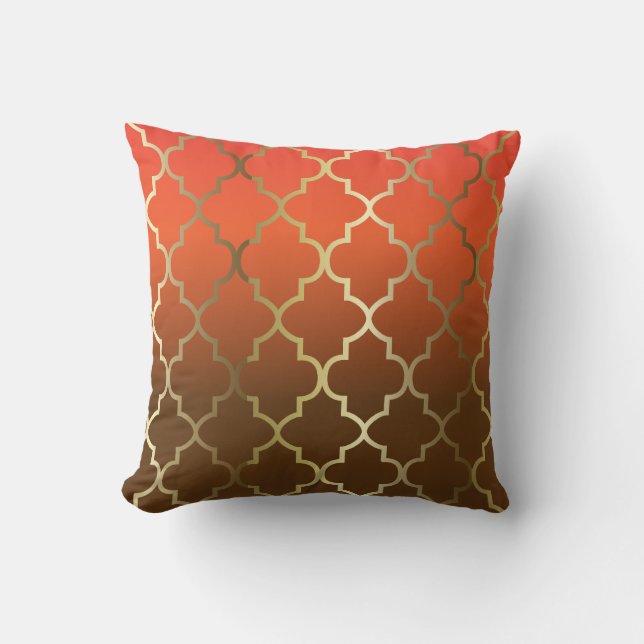 Orange and Brown Blend | Gold Quatrefoil Pattern Cushion (Front)