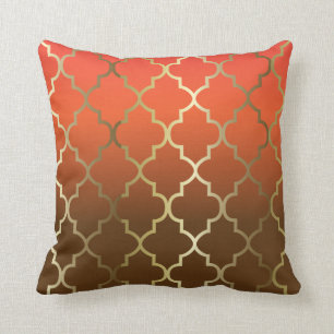 Orange and Brown Blend   Gold Quatrefoil Pattern Cushion