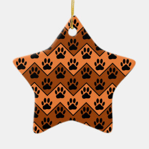 Orange And Brown Chevron With Dog Paw Pattern Ceramic Ornament