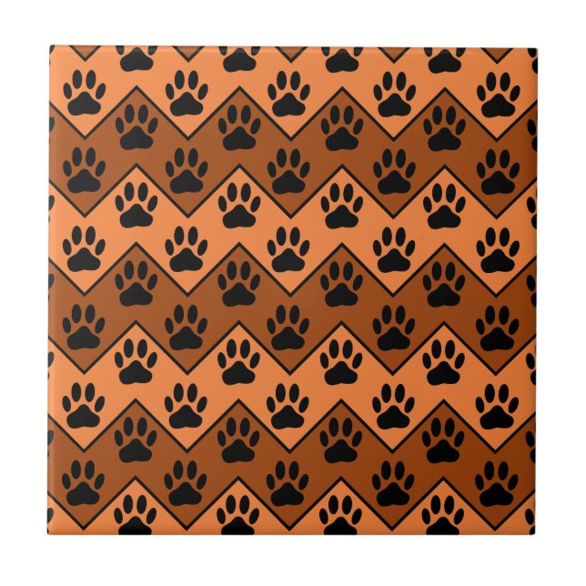 Orange And Brown Chevron With Dog Paw Pattern Ceramic Tile (Front)