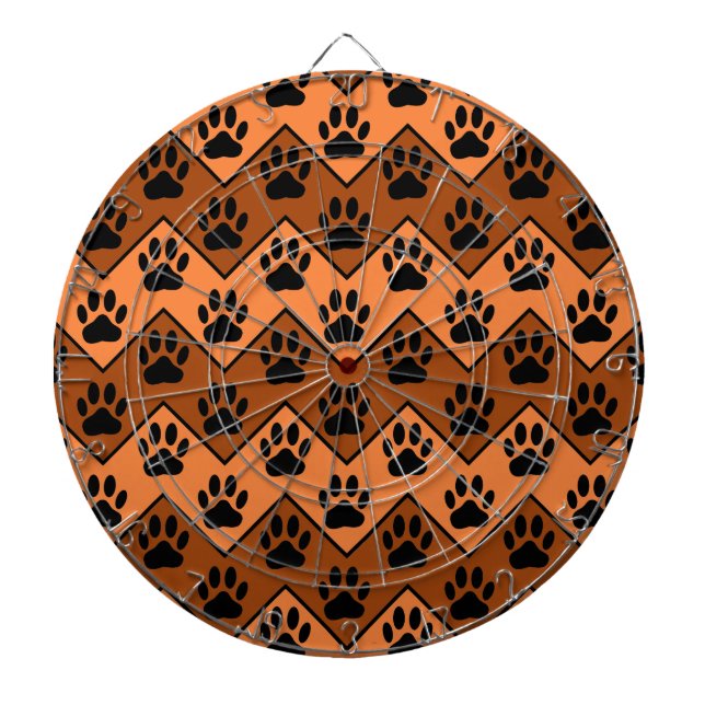 Orange And Brown Chevron With Dog Paw Pattern Dartboard (Front)