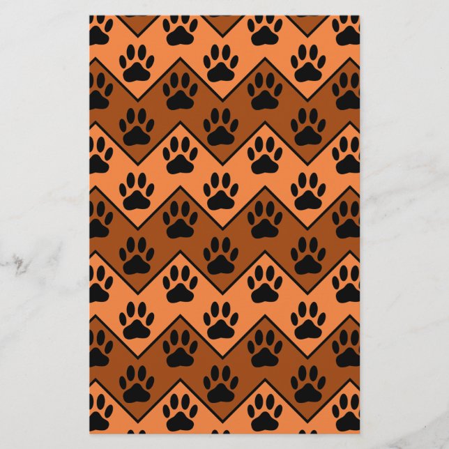 Orange And Brown Chevron With Dog Paw Pattern Stationery (Front)