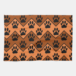Orange And Brown Chevron With Dog Paw Pattern Tea Towel