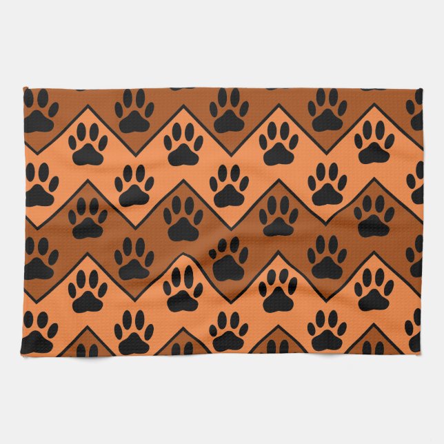 Orange And Brown Chevron With Dog Paw Pattern Tea Towel (Horizontal)