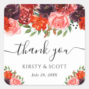 Orange and Brown Fall Flowers Wedding Square Sticker