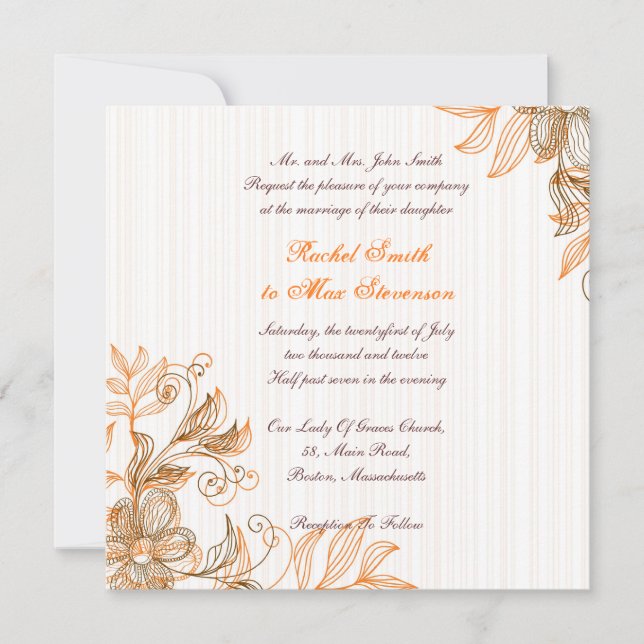 Orange and Brown Floral Wedding Invitation (Front)