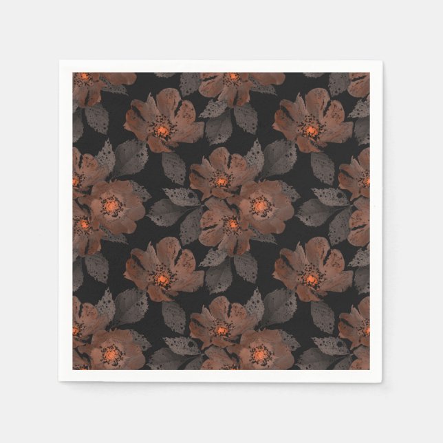 Orange and brown flowers on a black background. napkin (Front)