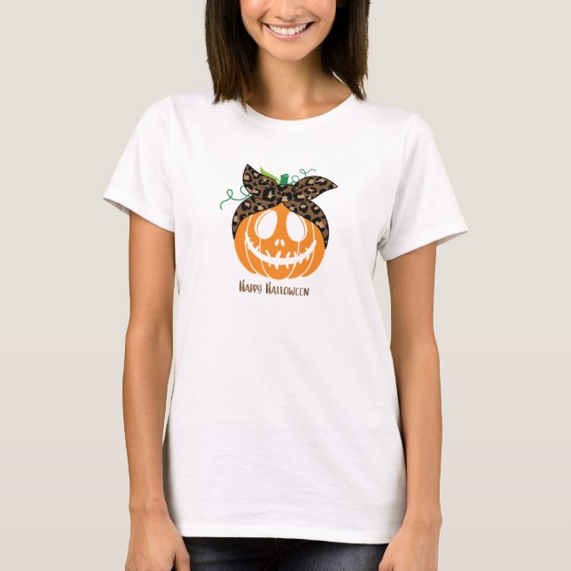 Orange and Brown Leopard Pumpkin Halloween T-Shirt (Front)