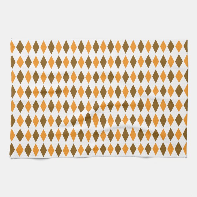 Orange and Brown Retro Diamond Pattern Design Tea Towel (Horizontal)