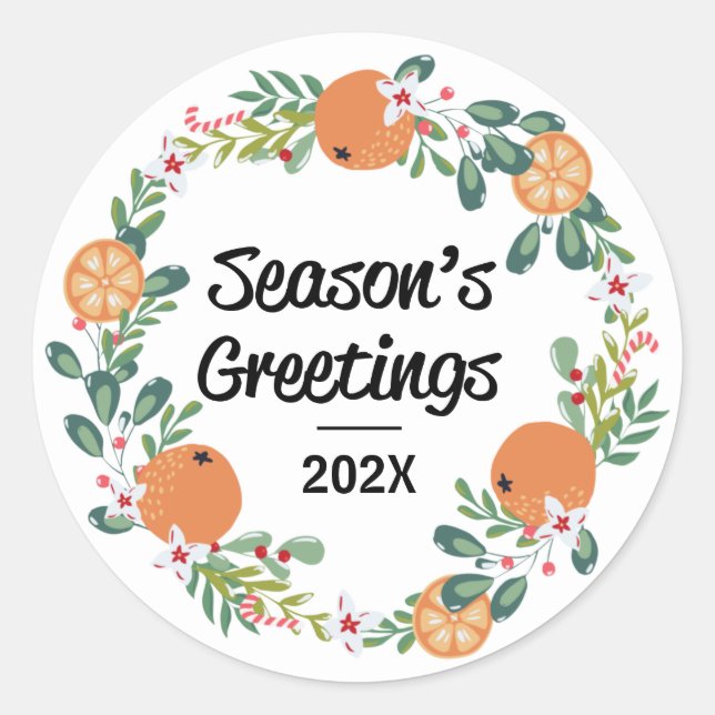 Orange and Candy Cane Season's Greetings Wreath Classic Round Sticker (Front)