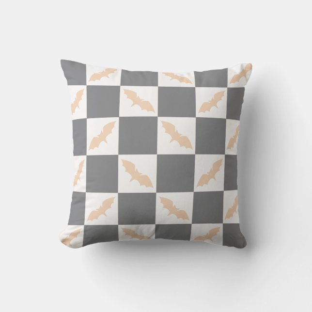 Orange and Charcoal Bat Chequerboard Cushion (Front)
