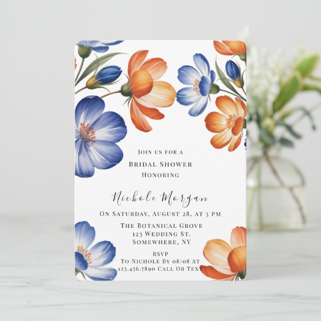 Orange and Cobalt Blue Floral Bridal Shower Invitation (Standing Front)