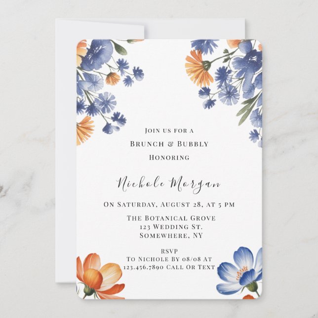 Orange and Cobalt Blue Floral Brunch & Bubbly Invitation (Front)