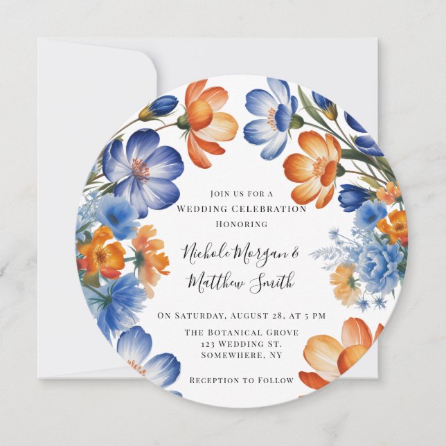 Orange and Cobalt Blue Floral Wedding Celebration Invitation (Front)