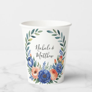 Orange and Cobalt Blue Floral Wedding Paper Cups