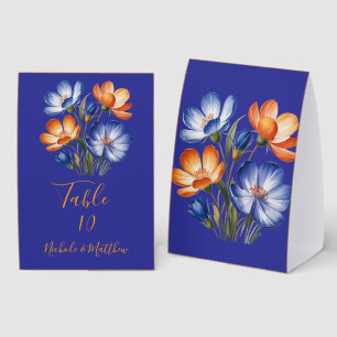 Orange and Cobalt Blue Floral Wedding Table Number