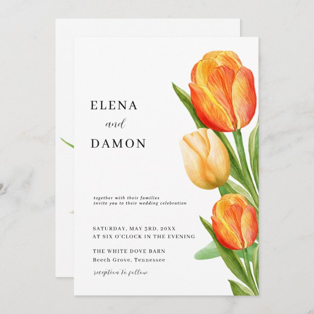 Orange and Cream Tulip Wedding Invitation (Front/Back)