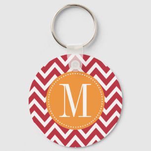 Orange and Dark Red Chevron Custom Monogram Key Ring