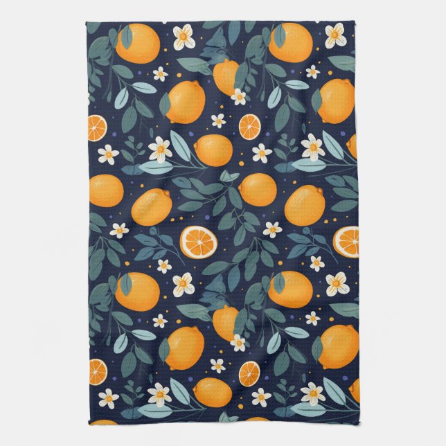 Orange and Floral Delight Pattern Tea Towel (Vertical)