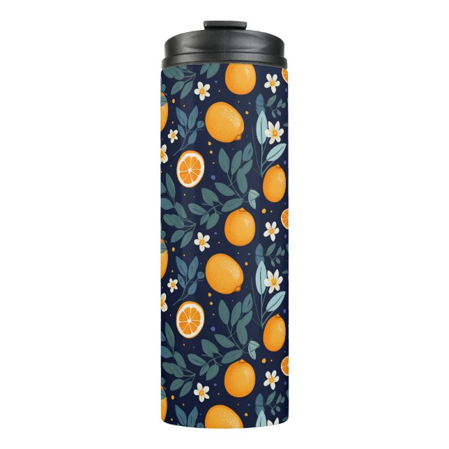 Orange and Floral Delight Pattern Thermal Tumbler (Front)