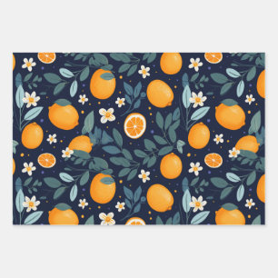 Orange and Floral Delight Pattern Wrapping Paper Sheet