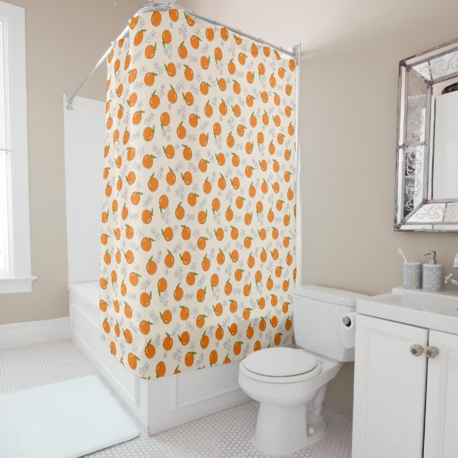 Orange and Flower Pattern Shower Curtain (In Situ)